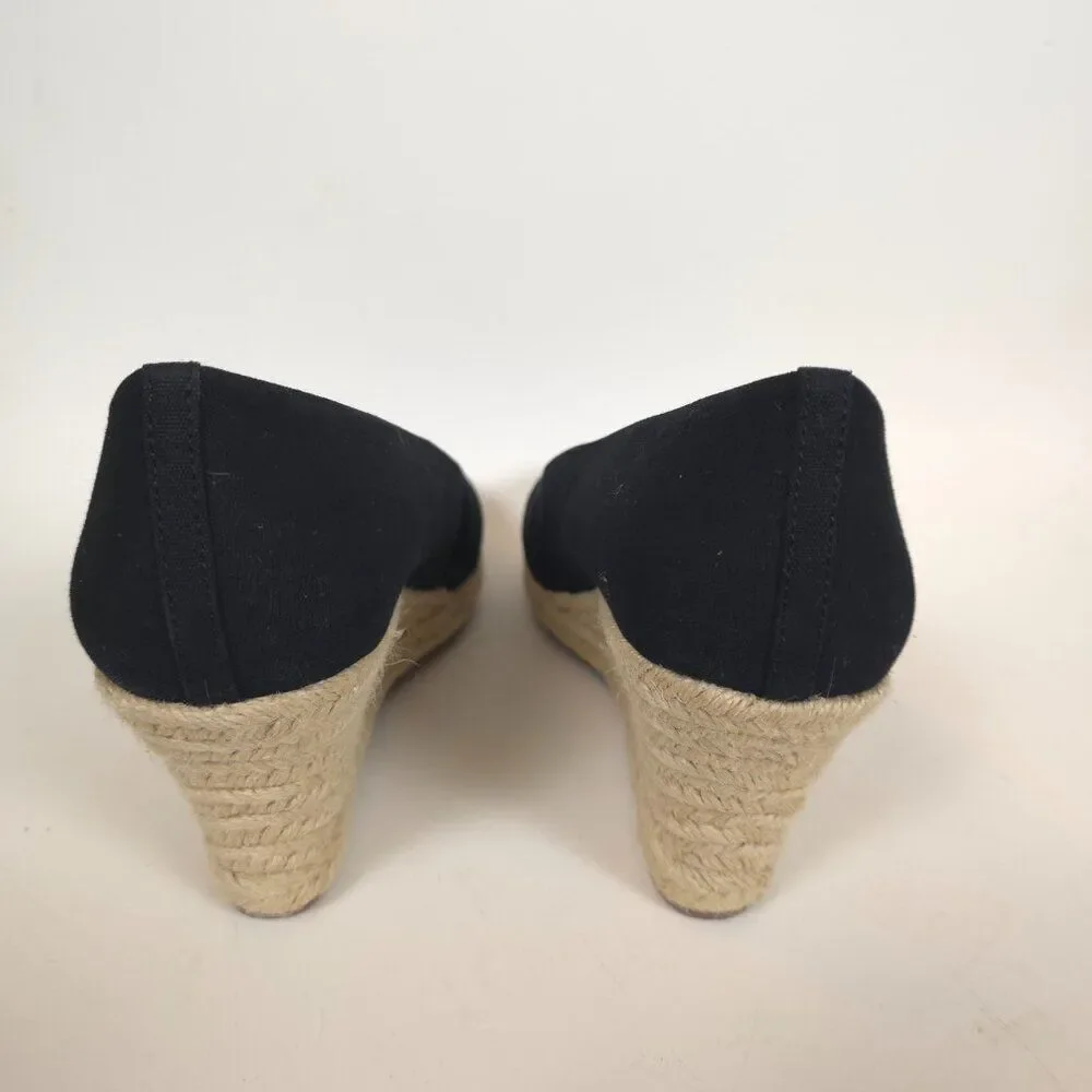 J.Crew Espadrille Wedge Shoes Black Cream Canvas Rope Heel Womens Size 12